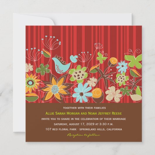Red Floral Garden Invitation de mariage et carte d (Devant)