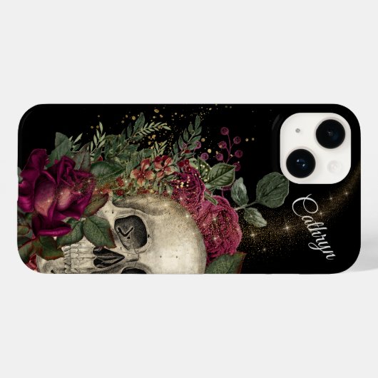 Red Floral Glitter Skull Personalized Case-Mate iPhone Case (Achterkant (horizontaal))