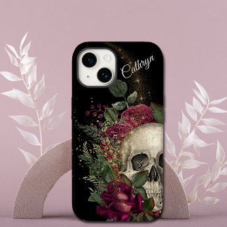 Red Floral Glitter Skull Personalized iPhone 14 Hoesje