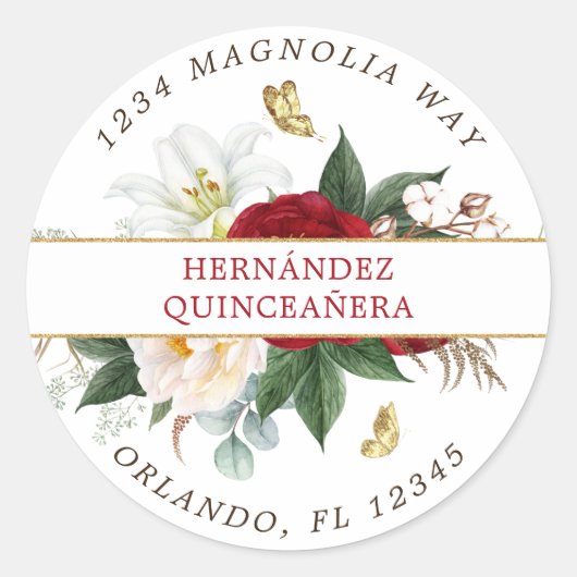 Red Floral Gold Butterfly Return Label (Voorkant)