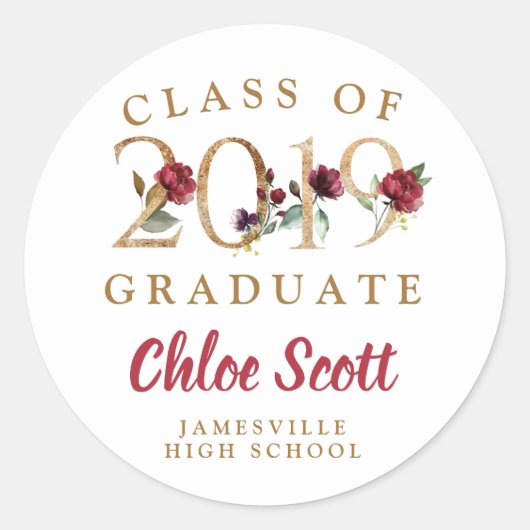 Red Floral Gold Class of 2019 Afstuderen Ronde Sticker (Voorkant)