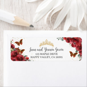 Red Floral Gold Quinceanera XV 15 Retouradres Etiket