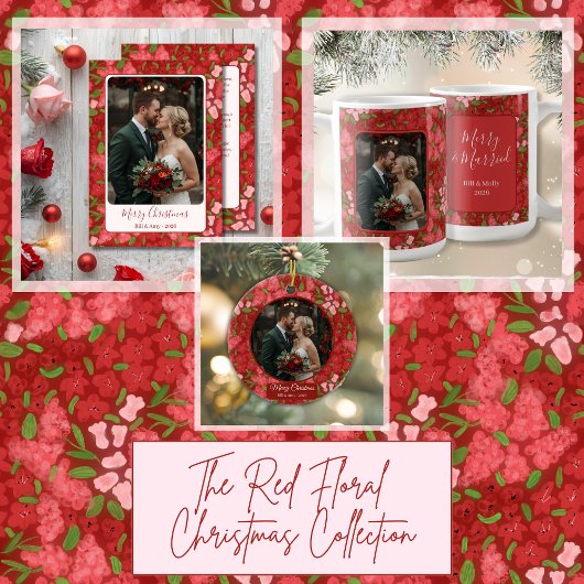 Red Floral Holiday Personalized Photo Keramisch Ornament