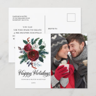 Red Floral Holly-kerstfeestdag Briefkaart