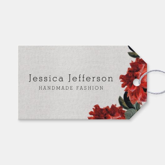 Red Floral Linen Texture Custom Price Hang Label Cadeaulabel (Voorkant (Horizontaal))