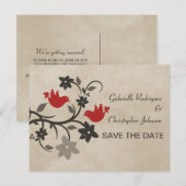 Red Floral Lovevogels Bewaar het Briefkaart Datum (Voorkant / Achterkant)