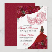 Red Floral Masquerade Sweet 16 Uitnodiging (Voorkant / Achterkant)