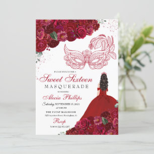 Red Floral Masquerade Sweet 16 Uitnodiging