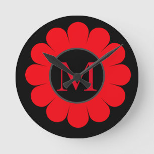 Red Floral Monogram Black Aangepaste naam Abstract Ronde Klok