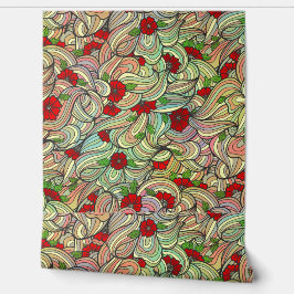 Red Floral Patroon met kleurrijke zachte vleugelli Behang