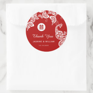 Red Floral Peacock Double Happiness Asian Wedding Ronde Sticker