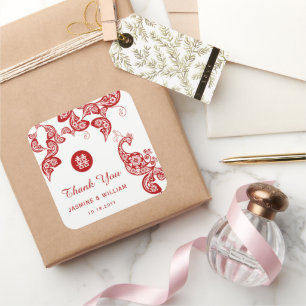 Red Floral Peacock Double Happiness Asian Wedding Vierkante Sticker
