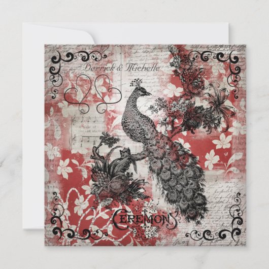 Red Floral Peacock Wedding Invitation Kaart (Voorkant)