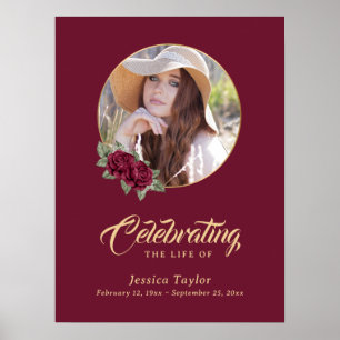 Red Floral Photo Memorial Funeral Welcome Sign Poster