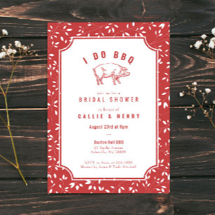 Red Floral Pig I DO BBQ Bridal Shower Kaart