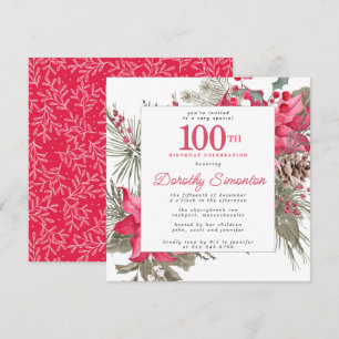Red Floral Poinsettia 100th Birthday Party Square Kaart