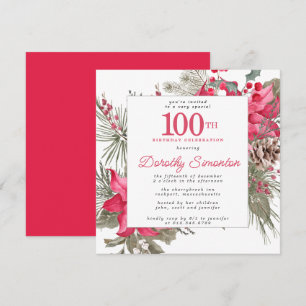 Red Floral Poinsettia 100th Birthday Party Square Kaart