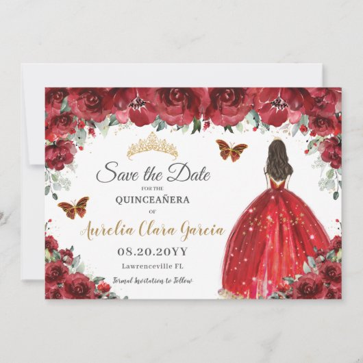 Red Floral Princess Gold Quinceañera Save the Date (Voorkant)
