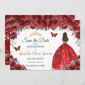 Red Floral Princess Gold Quinceañera Save the Date (Voorkant / Achterkant)