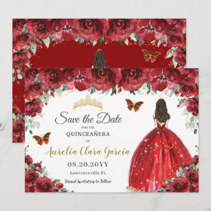 Red Floral Princess Gold Quinceañera Save the Date