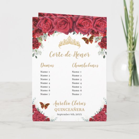 Red Floral Princess Quinceañera Orde van evenement Programma (Achterkant)