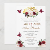 Red Floral Quinceañera Espagne Invitation (Devant / Derrière)