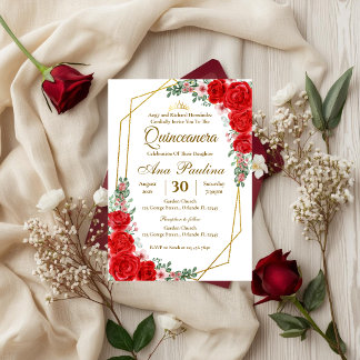 Red Floral Quinceañera Invitation