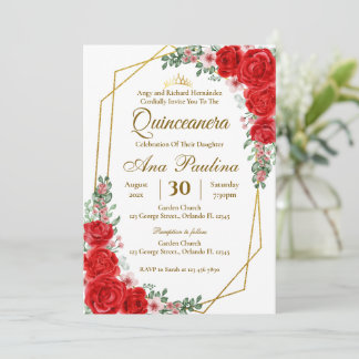 Red Floral Quinceañera Invitation Kaart