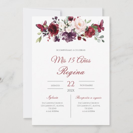 Red Floral Quinceañera Invitation Spanish  (Devant)