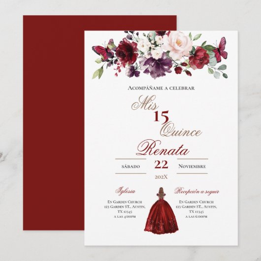 Red Floral Quinceañera Invitation Spanish  Kaart (Voorkant / Achterkant)
