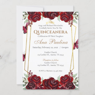 Red Floral Quinceañera Uitnodiging