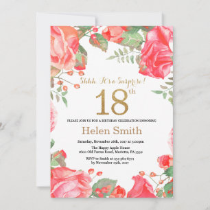 Red Floral Surprise 18th Birthday Gold Glitter Kaart