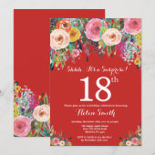 Red Floral Surprise 18th Birthday Invitation Kaart (Voorkant / Achterkant)