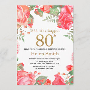 Red Floral Surprise 80th Birthday Gold Glitter Kaart
