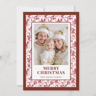 Red Floral Toile Christmas Photo Holiday Card Feestdagenkaart