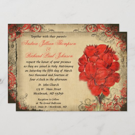 Red Floral Vintage Wedding Invitation (Devant / Derrière)