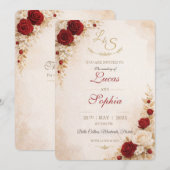 Red Floral Wedding Invitation Card (Devant / Derrière)