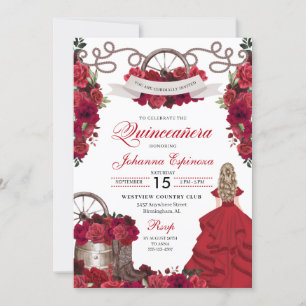 Red Floral Western Ranchero Quinceanera Kaart