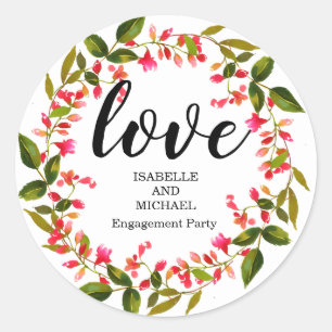 Red Floral Wreath gepersonaliseerde verlovingsfees Ronde Sticker