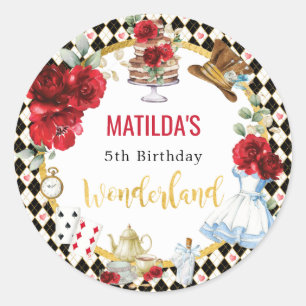 Red Flower Alice in Wonderland Birthday Tea Party Ronde Sticker
