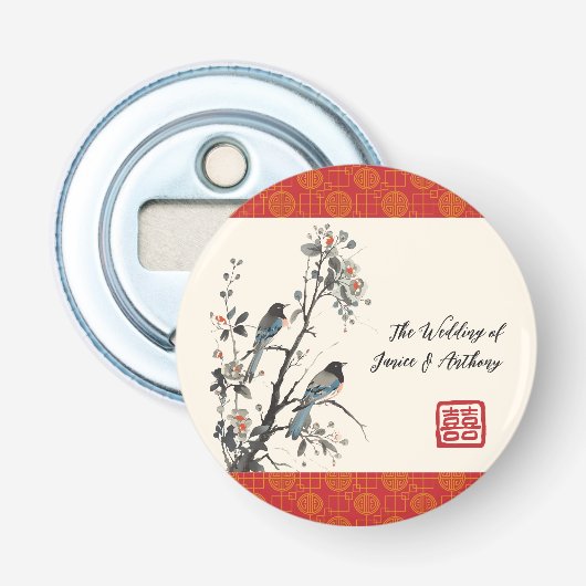 Red flower bird oriental Chinese wedding Button Flesopener (Voorkant)