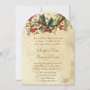 Red Flower Branch Vintage Birds Wedding Invitation