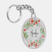 Red Flower Wreath Rustic, aangepast Sleutelhanger (Voorkant Links)
