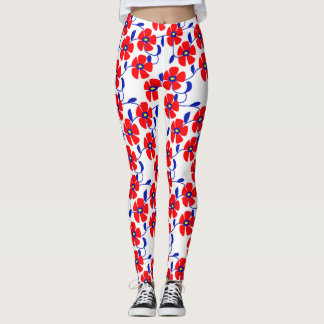Red Flowers Blue Vines Leggings