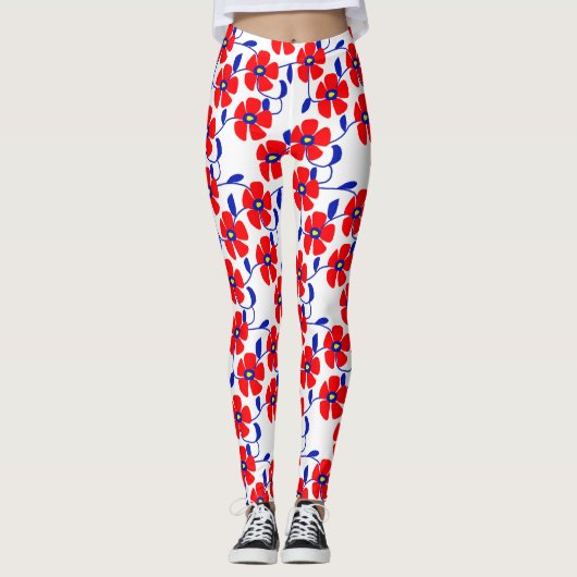 Red Flowers Blue Vines Leggings (Devant)