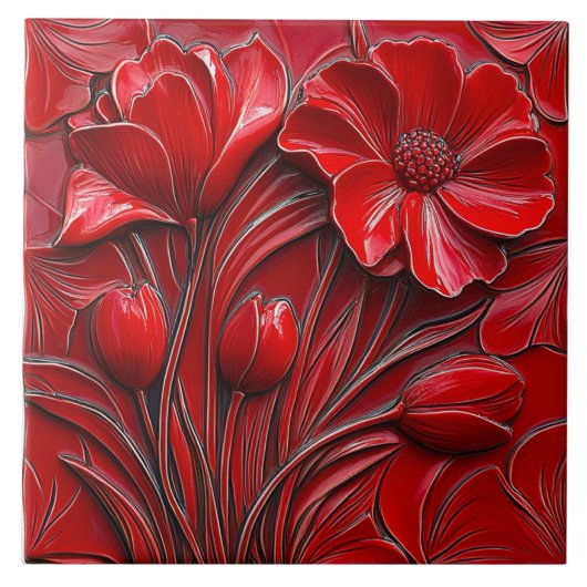 Red Flowers Ceramic Tile Tegeltje (Voorkant)