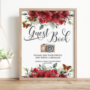 Red Flowers Floral Verjaardag Gastenboek Fotobord Poster