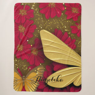 Red Flowers Gold Glitters Persoonlijke naam Sherpa Deken