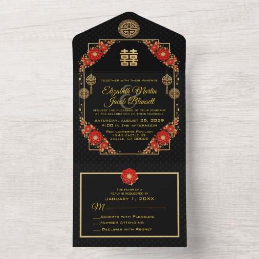 Red Flowers Gold Trim Chinese Weddenschap All In One Uitnodiging (Binnen)