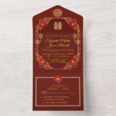 Red Flowers Gold Trim Chinese Weddenschap All In One Uitnodiging (Binnen)